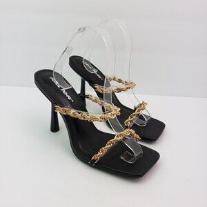 NEW Public Desire Womens Size 7 Black Gold Chain Slip On 4" Heel Sandals